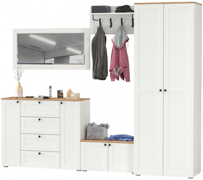 Остин Прихожая 53, цвет белый шагрень/дуб крафт золотой, ШхГхВ 280х54,3х229,6 см., универсальная сборка