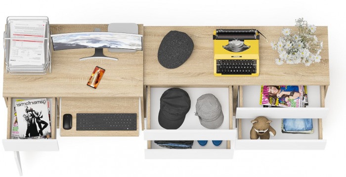 Мори Стол компьютерный МС-1 левый + Комод МК1200.6, цвет дуб сонома/белый, ШхГхВ 210,4х50х76,6 см., выдвижной ящик слева, НЕ универсальная сборка