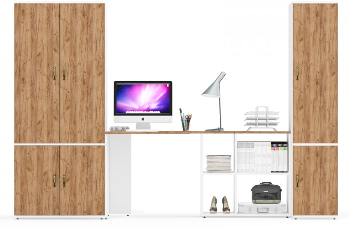 Лидер-8 Шкаф МД 19Б + Стол + Пенал 23Б, белый шагрень/крафт золото