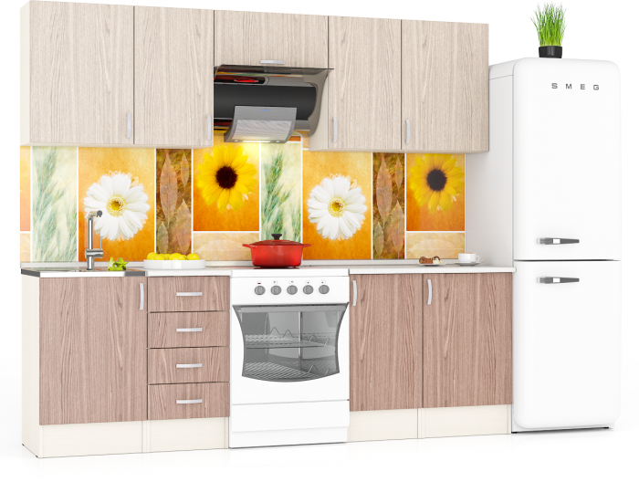 Кухня Мери 06 ШВ500+ШВ400+ШВв600+ШВ400+ШВ500+ШНМ500+ШН4Я400+ШН400+ШН500, цвет дуб/ясень шимо светлый/тёмный, ШхГхВ 240х30х67 см./180х60х85 см.