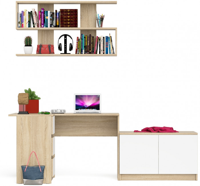 Мори компьютерный стол МС-16 левый + Тумба МА900.1 + Полка 1200, дуб сонома/белый