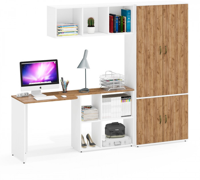 Лидер-8 Стол + Полка + Шкаф МД 20Б, цвет белый шагрень/крафт золото, ШхГхВ 245х50/37,5х75/190 или 115х160/50х75/190 см., НЕ универсальная сборка