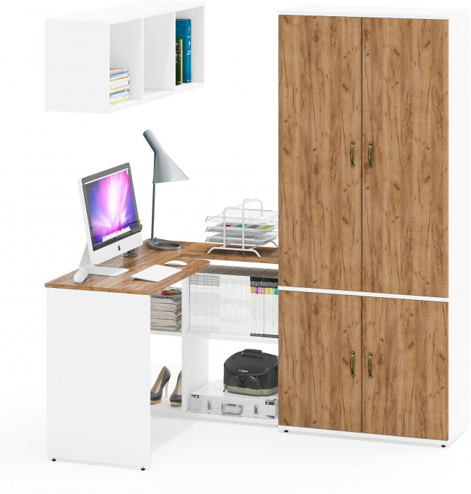 Лидер-8 Стол + Полка + Шкаф МД 20Б, цвет белый шагрень/крафт золото, ШхГхВ 245х50/37,5х75/190 или 115х160/50х75/190 см., НЕ универсальная сборка