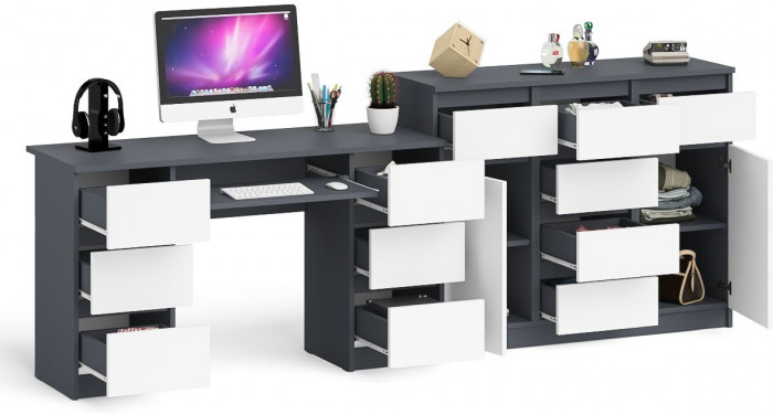 Мори Стол компьютерный МС-2 + Комод МК1200.4, цвет графит/белый, ШхГхВ 255,8х50х94 см., универсальная сборка
