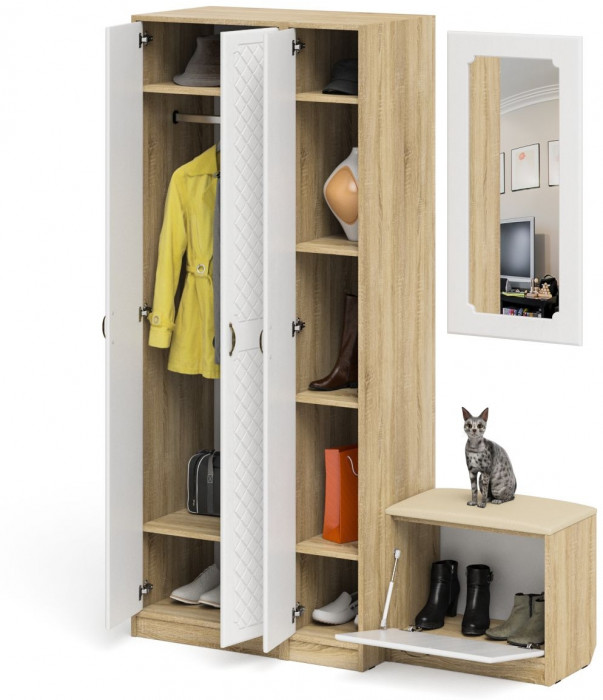 Прихожая П-6 Компоновка № 46, дуб сонома/фасады МДФ белое дерево фрезеровка ромб