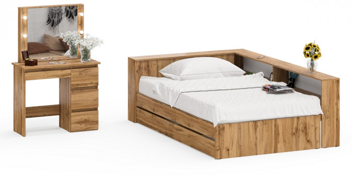 Ксения Кровать с ящиками 1200 + прикроватный блок + Столик с подсветкой Сура, дуб вотан
