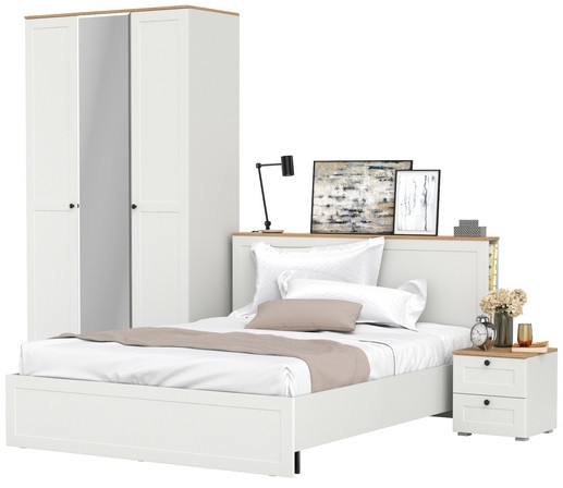 Остин 11.53 Кровать + ортопед + 13.336.03 Шкаф для одежды + 16.152 Тумба прикроватная, белый шагрень/дуб крафт золотой