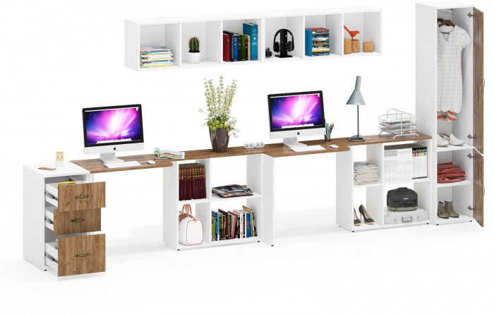 Лидер-8 Стол + Полка + Стол + Полка + Пенал МД 21Б + Тумба МД 3.16, цвет белый шагрень/крафт золото, 410х50/37,5х75/190 или 270х120/50х75/, НЕ ун. сб.