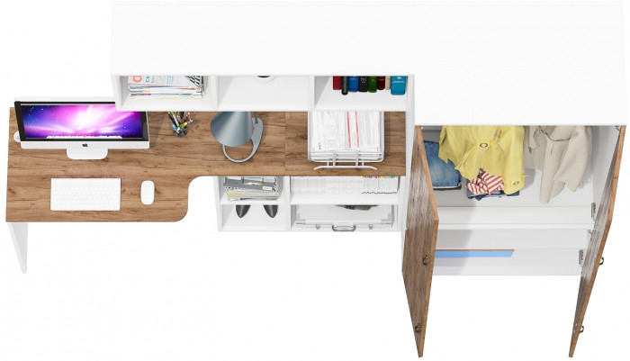 Лидер-8 Стол + Полка + Шкаф МД 19Б, цвет белый шагрень/крафт золото, ШхГхВ 245х50х75/190 или 115х160/50х75/190 см., НЕ универсальная сборка