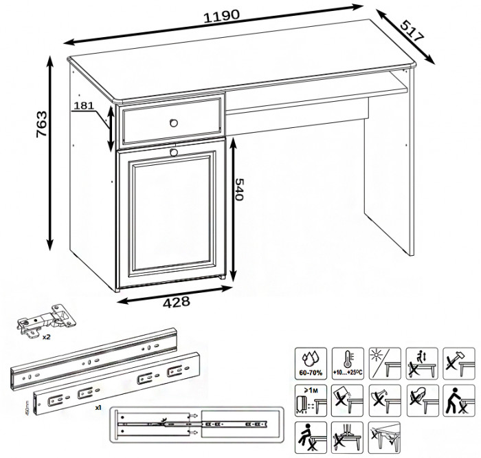 КР100 Роуз 12.148 Стол письменный, цвет ЛДСП белый(тиснение Поры дерева)/МДФ ясень ваниль, ШхГхВ 119х51,7х76,3 см., универсальная сборка