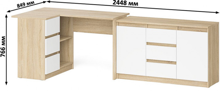 Мори компьютерный стол МС-16 левый + Комод МК1200.3, дуб сонома/белый