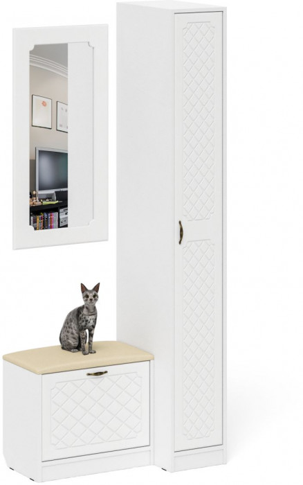 Прихожая П-6 Компоновка № 40, цвет белая шагрень/фасады МДФ белое дерево фрезеровка ромб, ШхГхВ 90х50х210 см., универсальная сборка