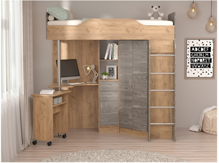 Кровать-чердак Бриз-1 80х190 (Дуб Крафт Золотой / Белый Глянец)