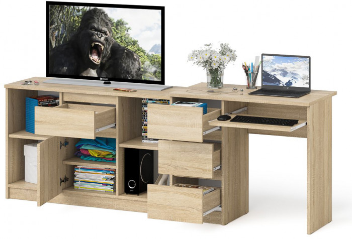 Мори Стол компьютерный МС-6 левый + Тумба МТВ1204.1, цвет дуб сонома, ШхГхВ 210,4х50х76,6 см., выдвижные ящики слева, НЕ универсальная сборка