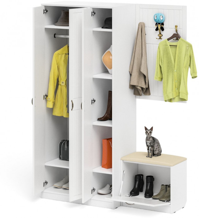 Прихожая П-6 Компоновка № 47, белая шагрень/фасады МДФ белое дерево фрезеровка прованс