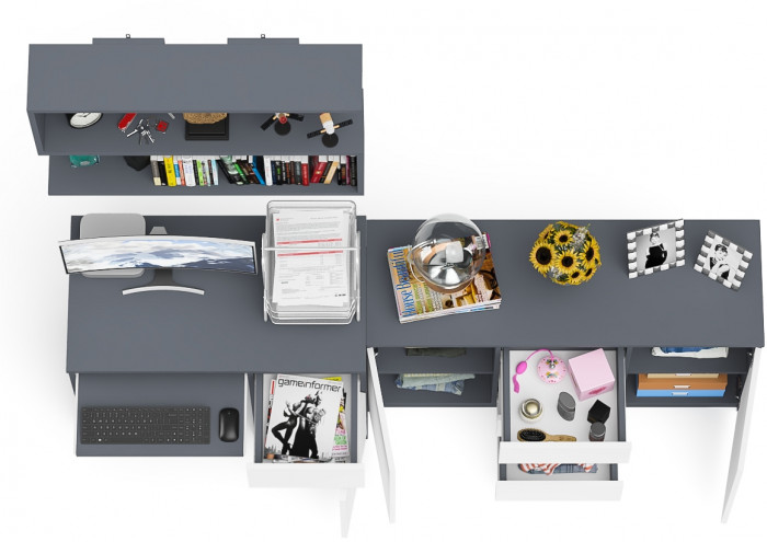 Мори компьютерный стол МС-1 правый + Комод МК1200.3 + Полка 900, графит/белый