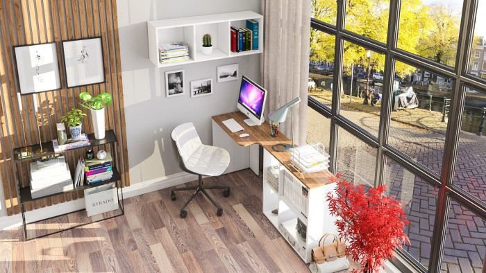 Лидер-8 Стол + Полка, цвет белый шагрень/крафт золото, ШхГхВ 165х50/30х190 см. или 115х50/80х190 см., НЕ универсальная сборка