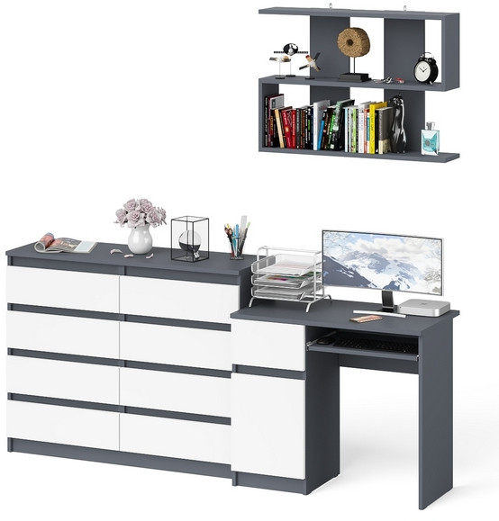 Мори Стол компьютерный МС-1 левый + Комод МК1200.8 + Полка 900, цвет графит/белый, ШхГхВ 210,4х50х209,6 см., НЕ универсальная сборка