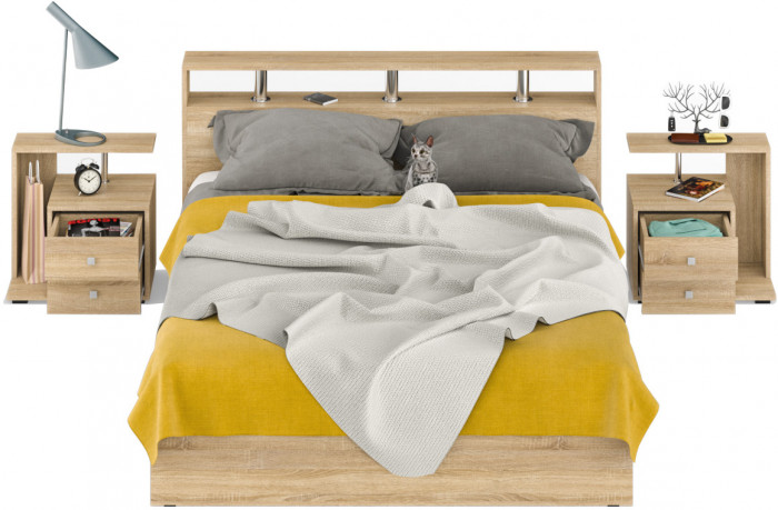 Камелия Кровать 1600 + две тумбы, дуб сонома