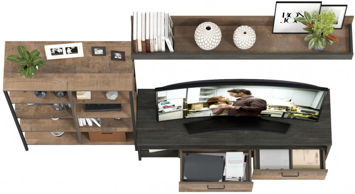 Трувор 13.70 Тумба под ТВ + 13.151.02 Стеллаж + 15.60 Полка, цвет дуб гранж песочный/интра, ШхГхВ 239,8х45,4х146 см., универсальная сборка