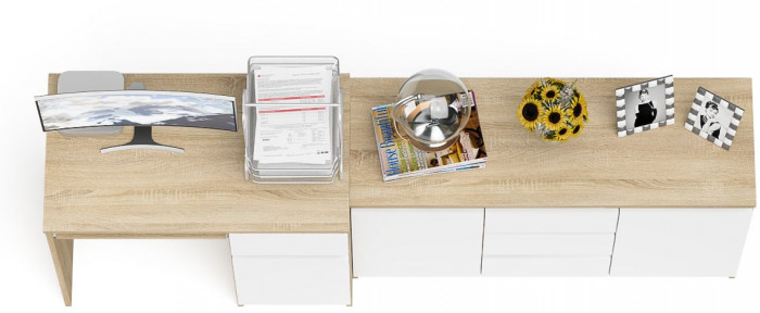 Мори компьютерный стол МС-1 правый + Комод МК1200.3, дуб сонома/белый