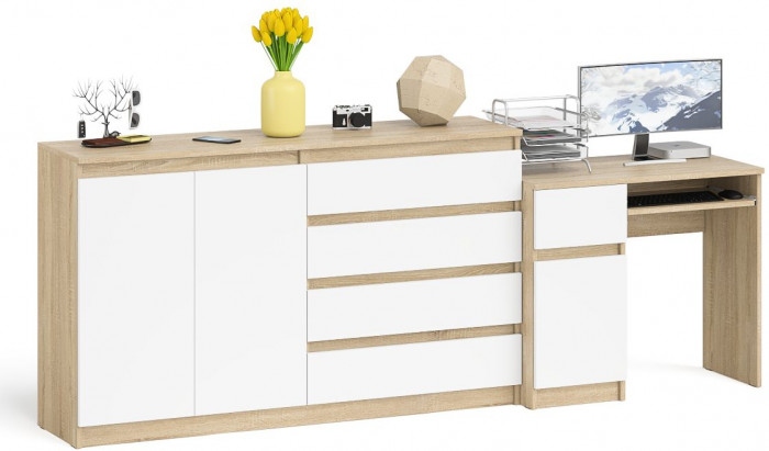 Мори Стол компьютерный МС-1 левый + Комод МК1600.1, цвет дуб сонома/белый, ШхГхВ 250,4х50х94 см., выдвижной ящик слева, НЕ универсальная сборка