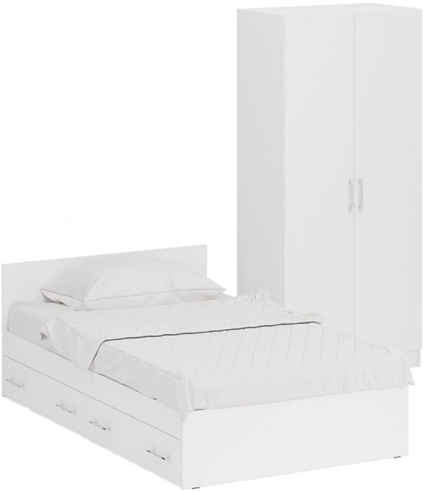 Кровать с ящиками 1200 + Шкаф 2-х створчатый Стандарт, цвет белый, ШхГхВ 123,5х203,5х70 + 90х52х200 см., сп.м. 1200х2000 мм., б/м, основание есть
