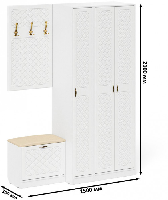 Прихожая П-6 Компоновка № 47, белая шагрень/фасады МДФ белое дерево фрезеровка ромб