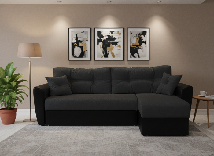 Диван-еврокнижка угловой Амстердам, 160х200, рогожка/экокожа черный