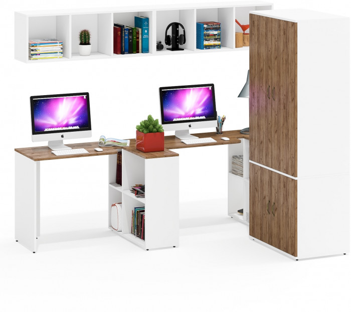 Лидер-8 Стол + Полка + Стол + Полка + Шкаф МД 19Б, белый шагрень/крафт золото