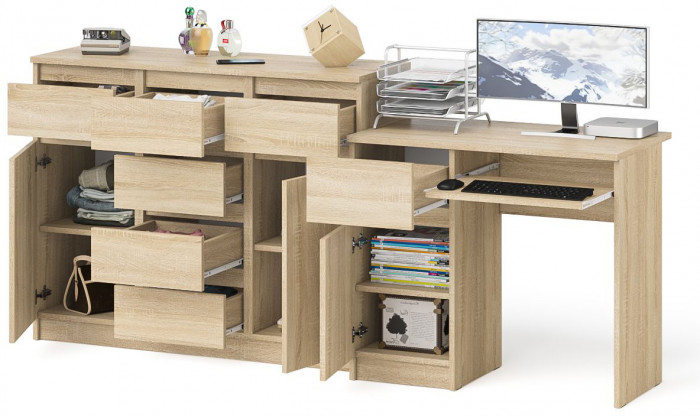 Мори компьютерный стол МС-1 левый + Комод МК1200.4, дуб сонома