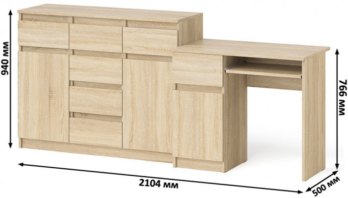 Мори компьютерный стол МС-1 левый + Комод МК1200.4, дуб сонома