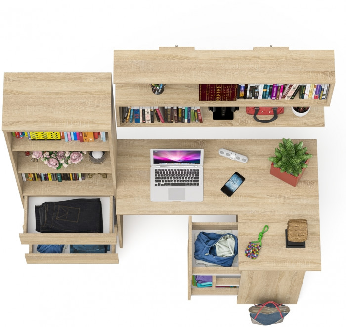 Мори компьютерный стол МС-16 правый + Стеллаж МСТ600.3 + Полка 1200, дуб сонома