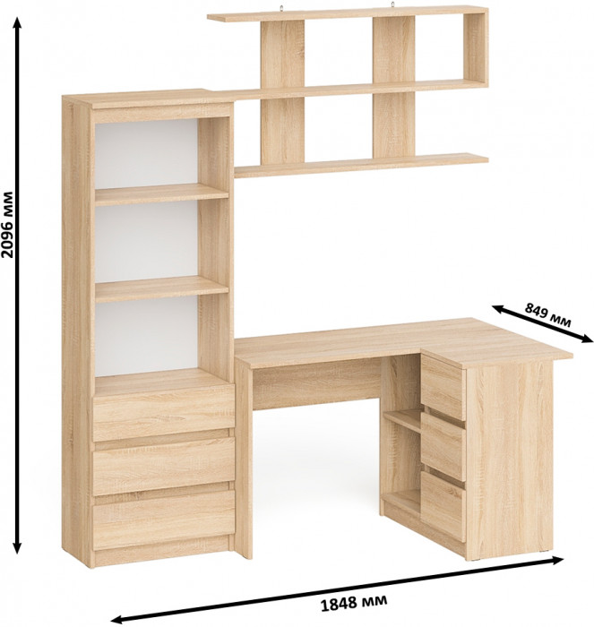 Мори компьютерный стол МС-16 правый + Стеллаж МСТ600.3 + Полка 1200, дуб сонома