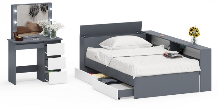 Ксения Кровать с ящиками 1200 + прикроватный блок + Столик с подсветкой Сура, графит/белый