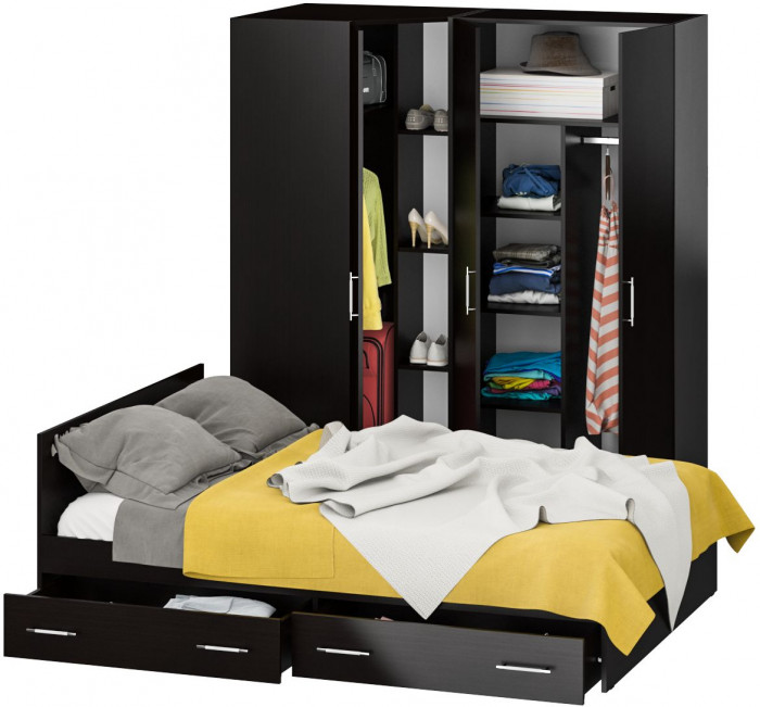 Спальня Стандарт 2-1400Я, цвет венге, ШхГхВ 143,5х203,5х70 + 171,2х81,2х200 см., сп.м. 1400х2000 мм., без матраса, основание есть