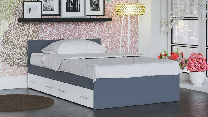 Мори Кровать с ящиками 1200, графит/белый