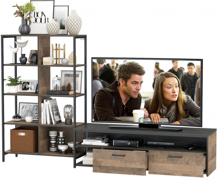 Трувор 13.70 Тумба под ТВ + 13.151.02 Стеллаж, цвет дуб гранж песочный/интра, ШхГхВ 239,8х45,4х146 см., универсальная сборка