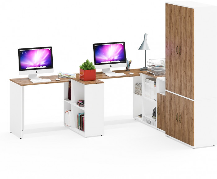 Лидер-8 Стол + Стол + Шкаф МД 20Б + Тумба МД 3.19, цвет белый шагрень/крафт золото, ШхГхВ 450х50/37,5х75/190 или 230х200/50х75/190 см., НЕ ун. сб.