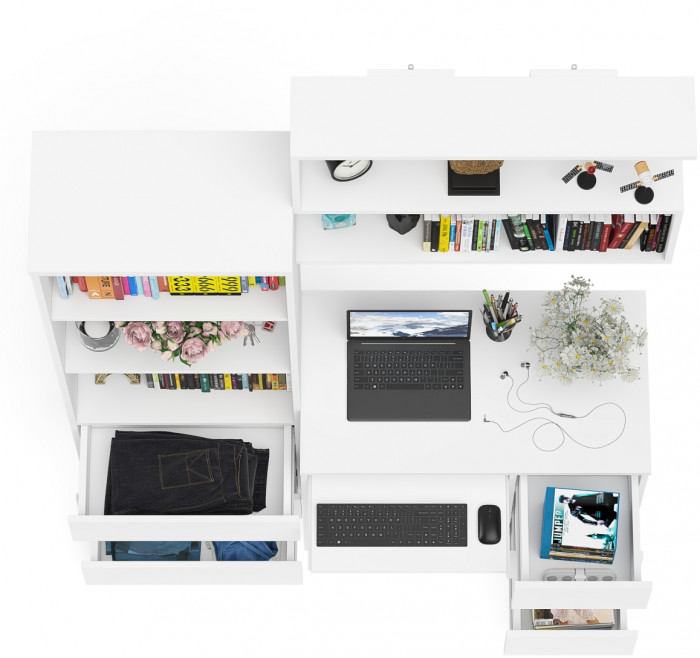 Мори Стол компьютерный МС-6 правый + Стеллаж МСТ600.3 + Полка 900, цвет белый, ШхГхВ 150,4х50х209,6 см., НЕ универсальная сборка