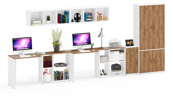 Лидер-8 Стол + Полка + Стол + Полка + Шкаф МД 20Б + Тумба МД 3.15, белый шагрень/крафт золото