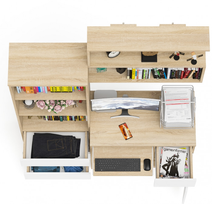 Мори компьютерный стол МС-1 правый + Стеллаж МСТ600.3 + Полка 900, дуб сонома/белый