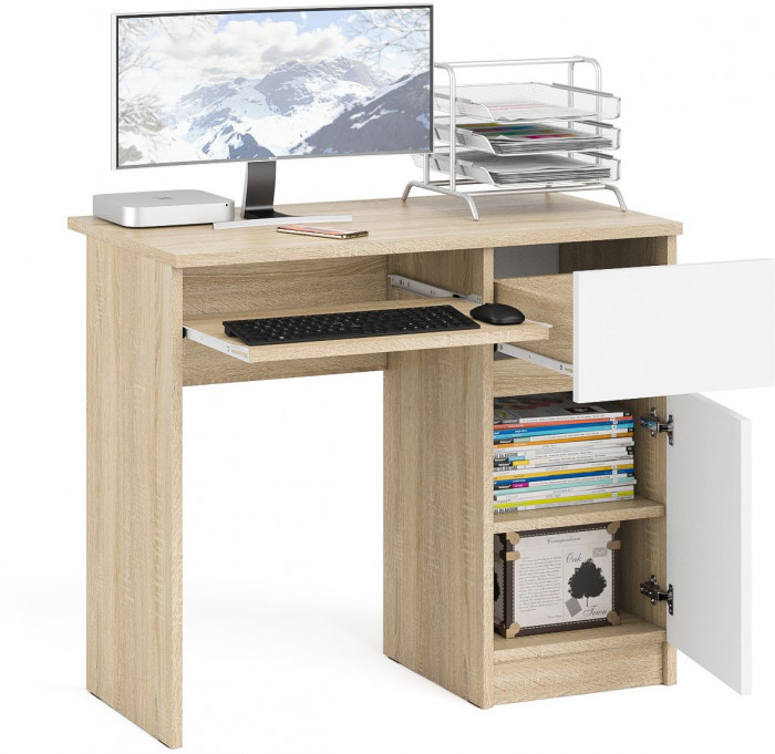 Мори компьютерный стол МС-1 правый, дуб сонома/белый