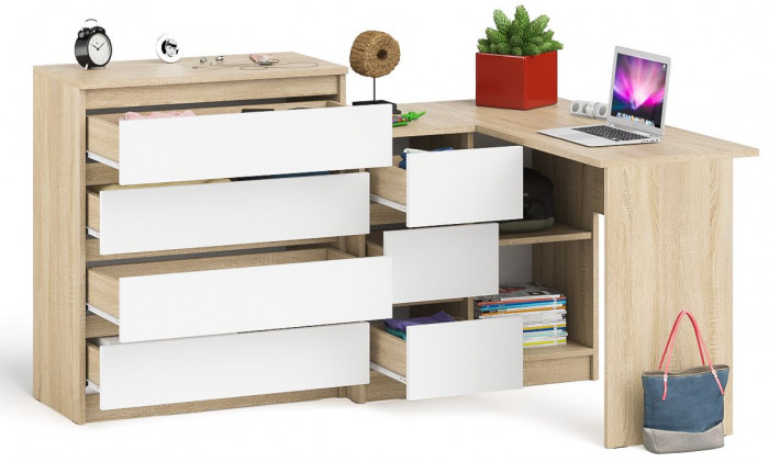 Мори компьютерный стол МС-16 левый + Комод МК800.4, дуб сонома/белый
