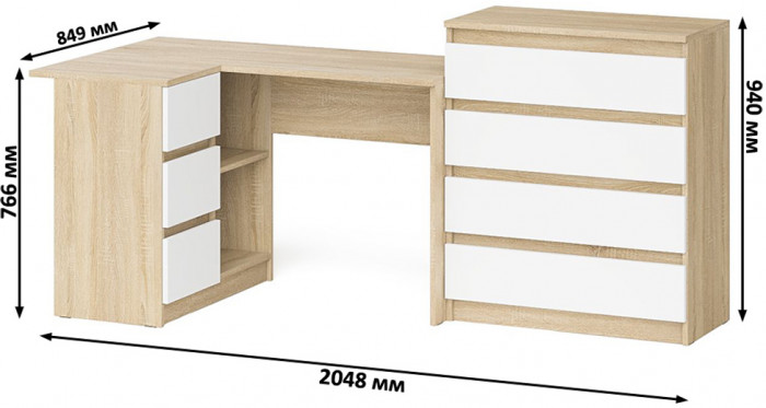 Мори компьютерный стол МС-16 левый + Комод МК800.4, дуб сонома/белый