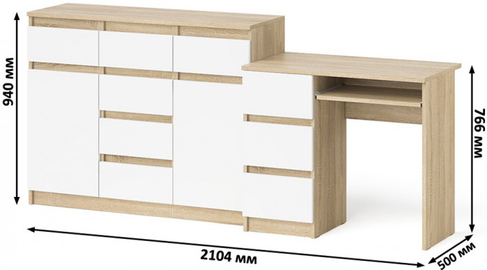 Мори компьютерный стол МС-6 левый + Комод МК1200.4, дуб сонома/белый