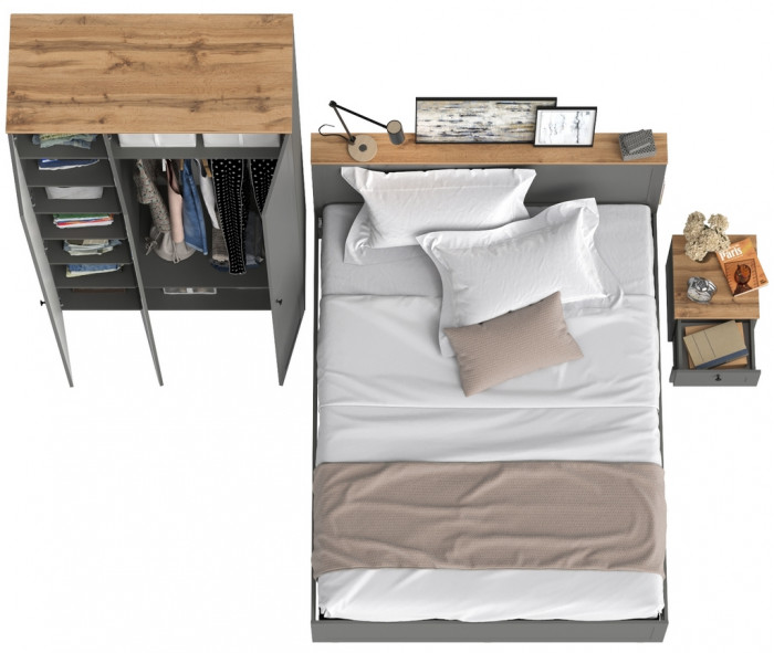 Остин 11.53 Кровать + ортопед + 13.336.03 Шкаф для одежды + 16.152 Тумба прикроватная, серый графит/дуб крафт золотой