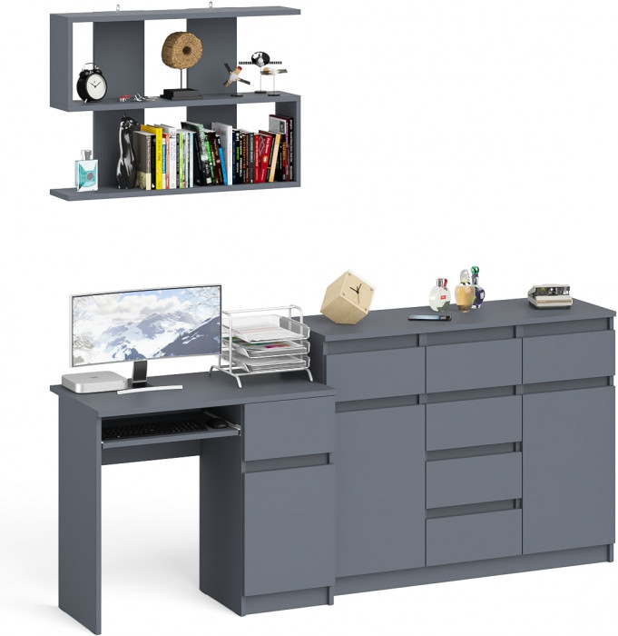 Мори компьютерный стол МС-1 правый + Комод МК1200.4 + Полка 900, графит