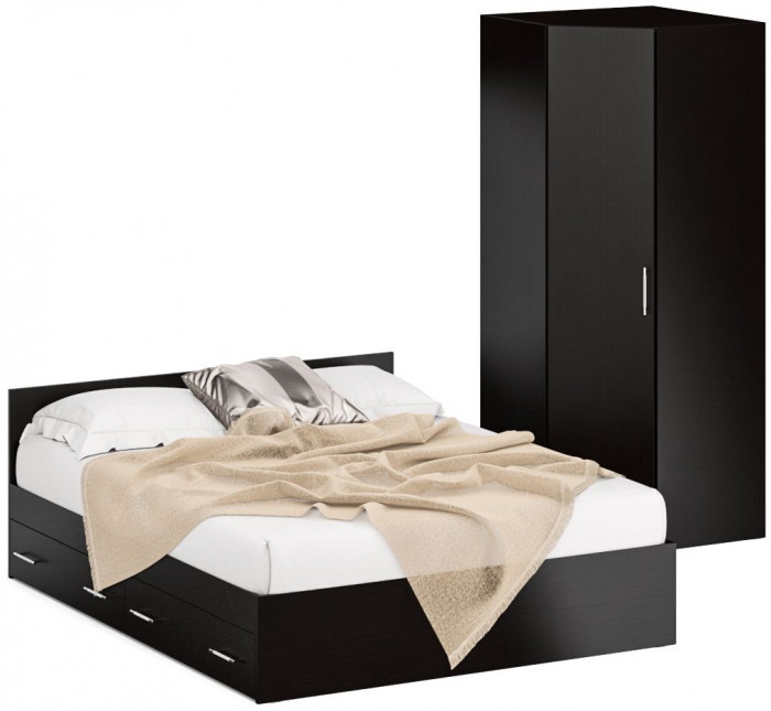 Кровать с ящиками 1600 + Шкаф угловой Стандарт, цвет венге, ШхГхВ 163,5х203,5х70 + 81,2х81,2х200 см., сп.м. 1600х2000 мм., без матраса, основание есть