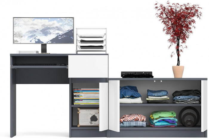 Мори компьютерный стол МС-1 правый + Тумба МА900.1, графит/белый